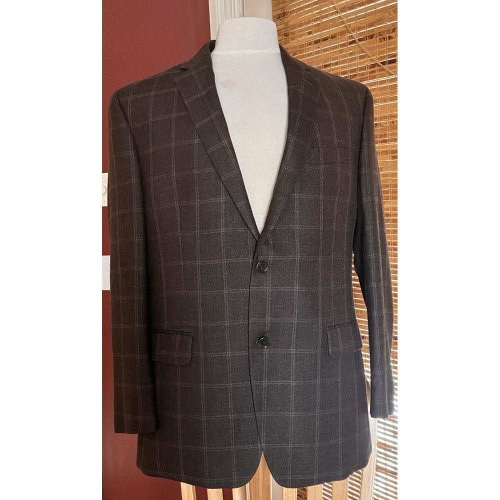 Men's Silk Wool Blazer Sport Coat Brown Windowpane Plaid‎ 42R Farm Bureau